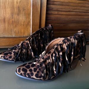 Leopard Print Fringe Ankle Boots